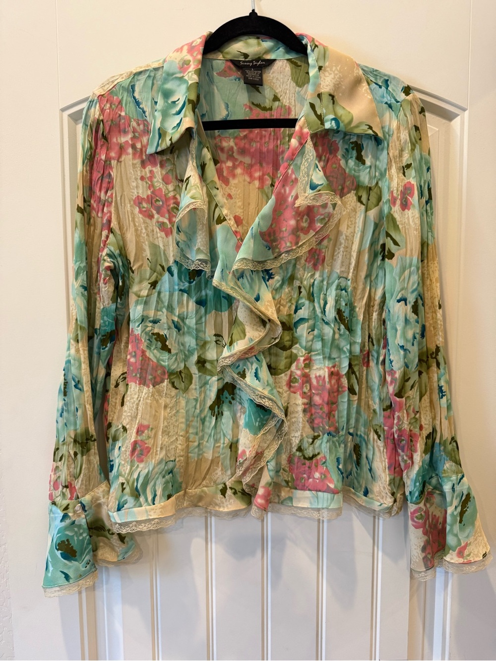 Vintage Sunny Taylor Floral Ruffle Blouse - Mint & Pink